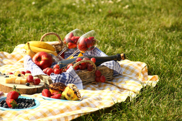 picnic in summer with products, sandwich, salad, fruits, drink and hat on green grass texture background top view mockup - Photo, Image