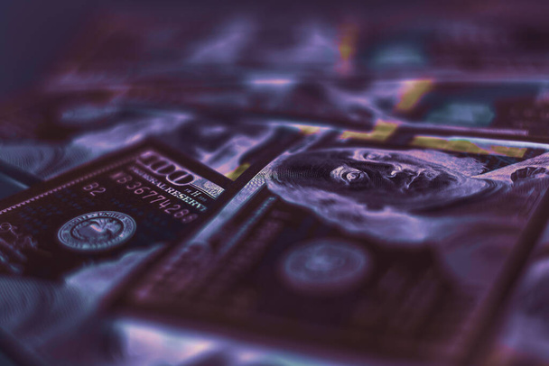 Close up Franklin's face on a one hundred dollar. American, US Dollars Cash Money in neon light.Minimalism retro style concept. 80s. Background pattern for design.	 - Φωτογραφία, εικόνα