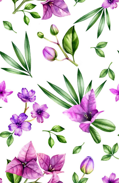 水彩の花のシームレスなパターン。ブーゲンビリアや紫色の蘭の花、ヤシの葉は白で隔離されます。植物手は、表面、繊維、壁紙デザインのための花の背景を描きました - 写真・画像