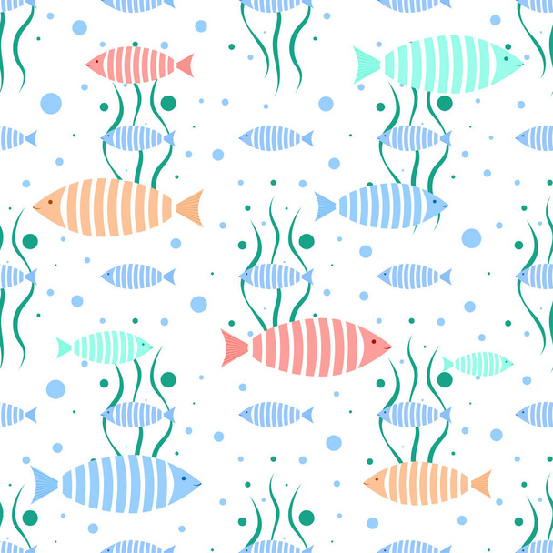 Seamless pattern with cartoon fishes in different colors and directions with seaweeds. - Wektor, obraz