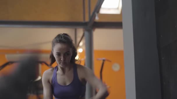 Portrait of serious sportswoman using ropes for crossfit. Beautiful young Caucasian woman exercising in gym. Sport, strength, workout, healthy lifestyle. - Filmati, video
