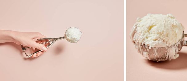 collage of female hand holding fresh tasty ice cream ball in scoop on pink background - Fotografie, Obrázek