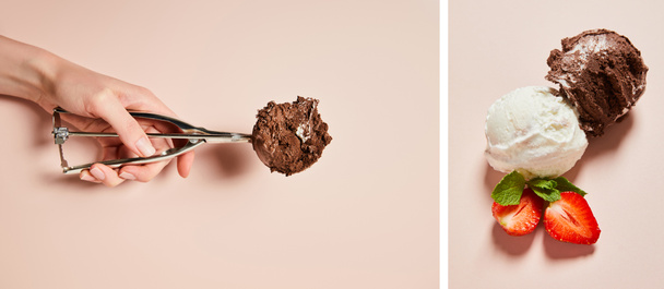 przycięty widok kobiety z gałką i świeże smaczne białe i czekoladowe kulki lodowe z mięty i truskawki na różowym tle, collage - Zdjęcie, obraz