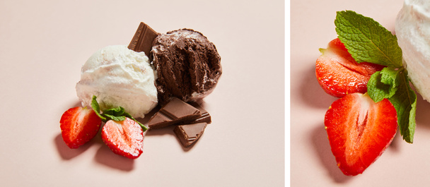 colagem de bolas de sorvete brancas e de chocolate saborosas frescas com hortelã e morango no fundo rosa
 - Foto, Imagem