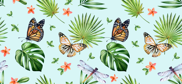 Watercolor floral seamless pattern. Monarch butterflies, dragonflies and palm leaves on light blue background. Tropical botanical hand drawn illustration for surface, textile, wallpaper design - Foto, imagen