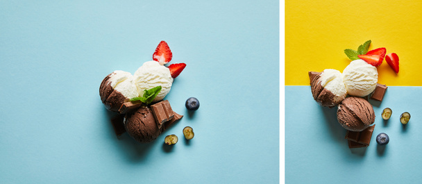 top view of tasty brown and white ice cream with berries, chocolate and mint on yellow and blue background, collage - Фото, зображення