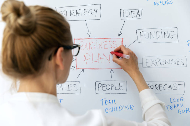vrouw tekening business plan blok diagram met marker op whiteboard - Foto, afbeelding
