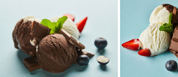 tasty brown and white ice cream with berries, chocolate and mint on blue background, collage - Photo, image