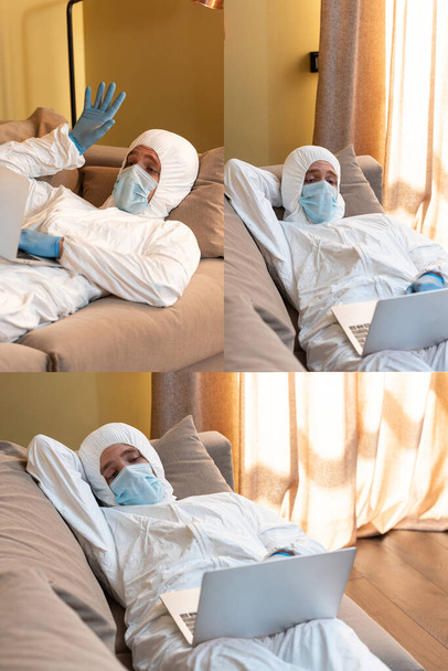 Колаж людини в ризик-костюмі має відеодзвінок і використовує ноутбук на дивані
  - Фото, зображення