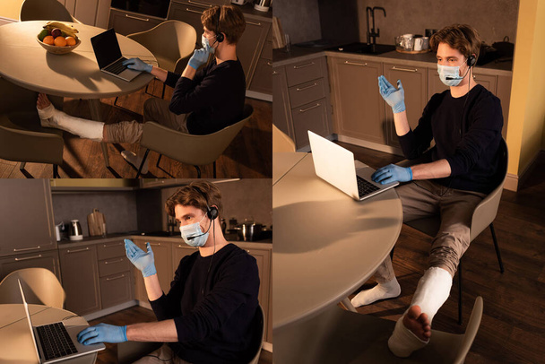 Collage de freelancer en máscara médica y vendaje de yeso en pierna usando laptop y auriculares en cocina
  - Foto, imagen