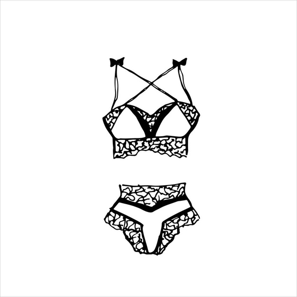 Set of lace lingerie panties and bra. Delicate and elegant lingerie, separate set. Vector illustration in doodle style. Isolate on a white background. Hand drawing - Vector, Image