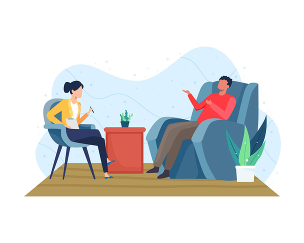 Psychotherapy counseling concept. Psychiatrist doctor and patient, Treatment of dementia and mental problems. Psychologist woman and man patient in therapy session. Vector illustration in flat style - Vector, Image