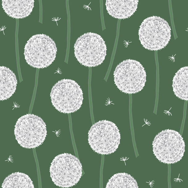 Χαριτωμένο μοτίβο διάνυσμα επανάληψη με πικραλίδα και ιπτάμενους σπόρους τους σε πράσινο φόντο. - Διάνυσμα, εικόνα