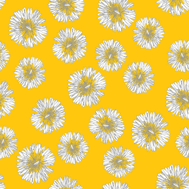 Fresh spring vector repeat pattern with blooming dandelion flowers on yellow background. - Vector, Image