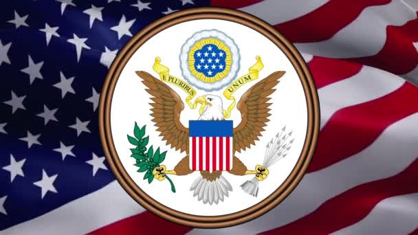 Sello de Estados Unidos en el diseño de la bandera de Estados Unidos en un fondo de Estados Unidos. Antecedentes de la bandera americana para las vacaciones en Estados Unidos. Fondo de la bandera americana. Día de los Presidentes vacaciones EE.UU. Washington, 2 de mayo de 2019 - Imágenes, Vídeo
