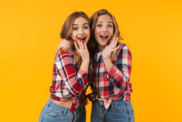 Image of two young beautiful girls wearing plaid shirt smiling and hugging together isolated over yellow background - Foto, immagini