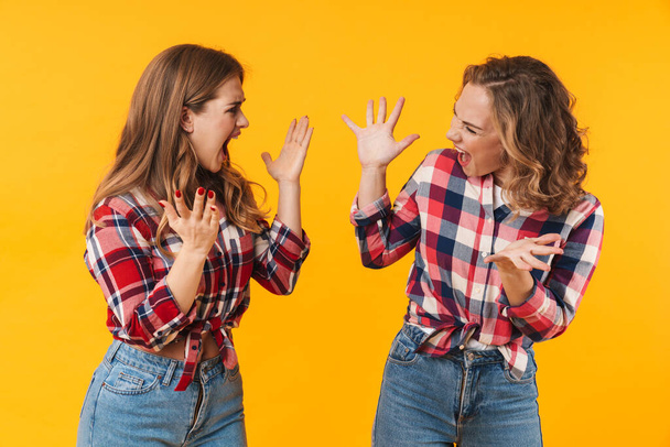 Image of two young beautiful girls wearing plaid shirt screaming and having fight isolated over yellow background - Fotoğraf, Görsel