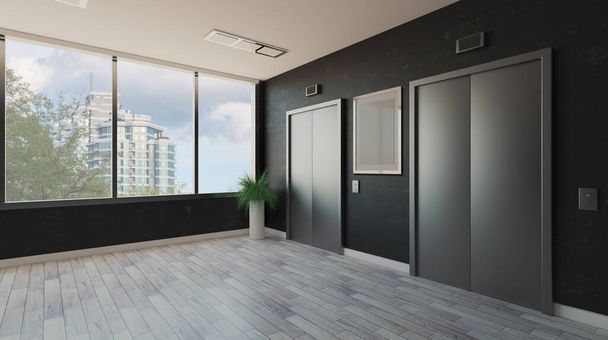 lobby with a large window. Reception in the business center. elevator doors. decorative dark walls.. 3D rendering. Empty paintings - Fotoğraf, Görsel