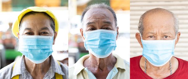 アジアの高齢者用マスクの肖像画のコラージュは、レストランの背景にウイルスのコロナウイルス(COVID-19)発生防止を保護します。ヘルスケアと保護の概念. - 写真・画像