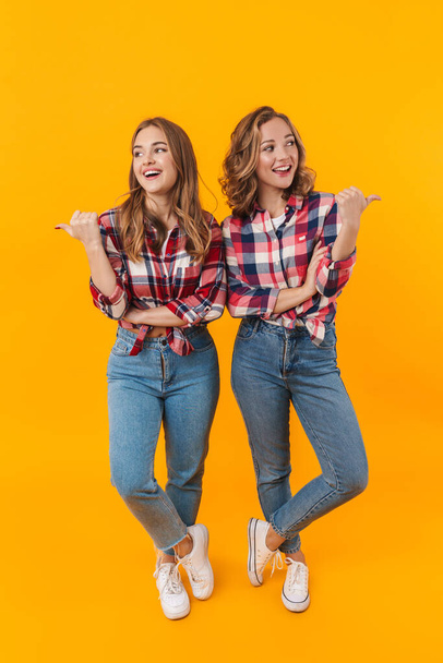 Full length image of two young beautiful girls wearing plaid shirts smiling and pointing fingers isolated over yellow background - Photo, image