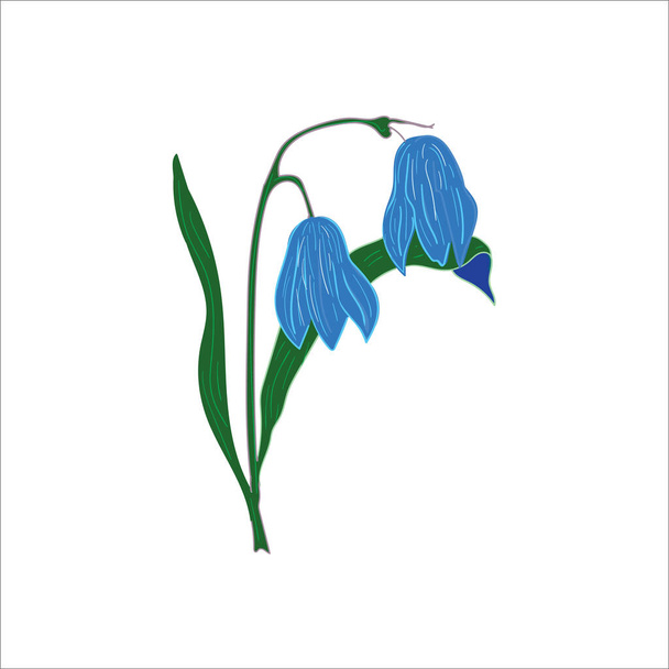Ilustracja niebieskich wiosennych kwiatów na białym tle. - Wektor, obraz