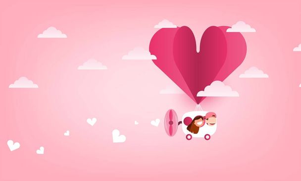 Roztomilý karikatura Svatba pár mužů a žen karta pohání Balón srdce start a srdce mrak. Spuštění - plochý design., roztomilé Valentýnské přání - Vektor, obrázek