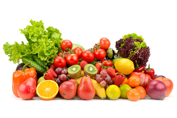 Fajta egészséges gyümölcsök, zöldségek, bogyók elszigetelt fehér alapon. - Fotó, kép