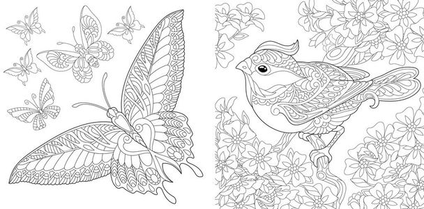 Adult coloring book. Vintage butterfly collection. Bird in flourish garden. Line art design for antistress colouring pages in zentangle style. Vector illustration.  - Vecteur, image