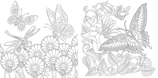 Coloring book. Vintage butterflies among flowers. Line art design for adult or kids colouring page in zentangle style. Vector illustration.  - Διάνυσμα, εικόνα
