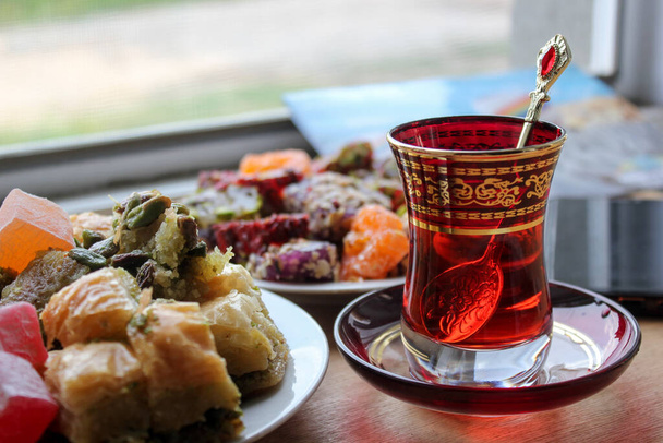 Turkish tea with rahat lukum and pahlava - Photo, Image