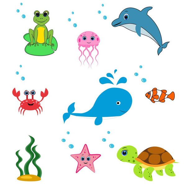 cute sea animals set.cartoon  illustration. Marine life.  - Fotó, kép