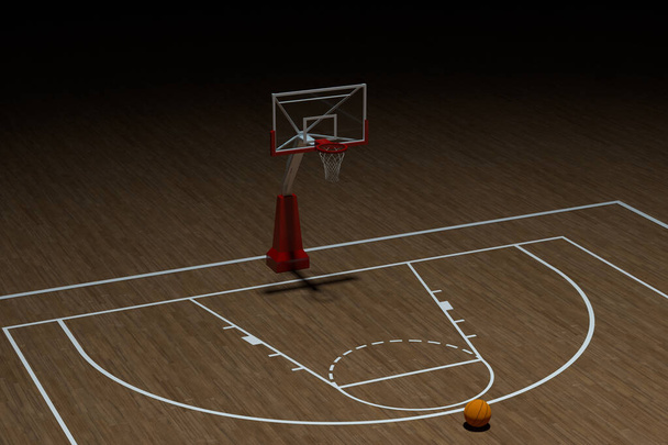 Γήπεδο μπάσκετ με ξύλινο δάπεδο, 3d rendering. Ψηφιακό σχέδιο υπολογιστή. - Φωτογραφία, εικόνα