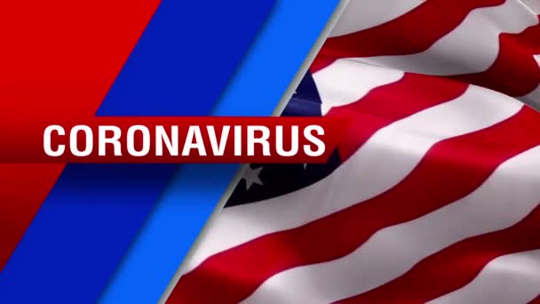 Coronavirus Teksti USA lippu video vilkuttaa tuulessa. Realistinen USA:n lippu tausta. Corona virus konsepti tausta Yhdysvaltain lippu Looping lähikuva 1080p Full HD 1920X1080 kuvamateriaalia - Materiaali, video