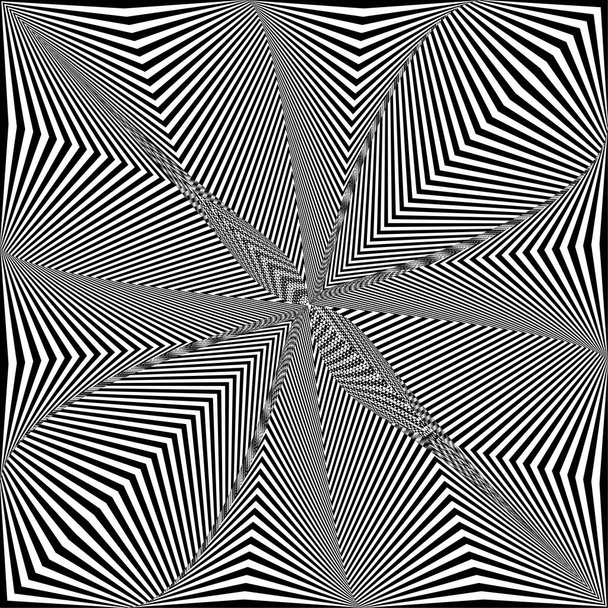 Fondo simétrico blanco y negro retorcido abstracto. Ilusión óptica de superficie distorsionada. Rayas retorcidas
. - Vector, Imagen