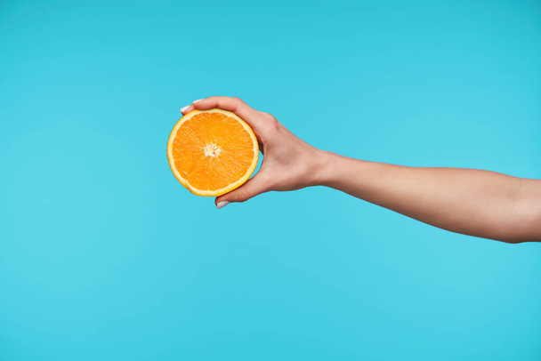 青を背景にポーズを取りながら新鮮なオレンジの半分を保つエレガントな手のスタジオ写真,朝食のための新鮮なジュースを作るために行く - 写真・画像