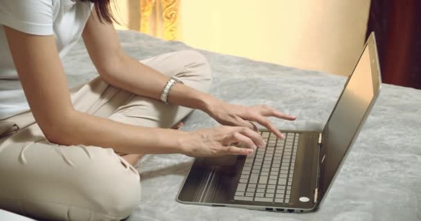 Close up female hands typing on a laptop keyboard. No face woman freelancer or student working sitting on sofa at home. - Πλάνα, βίντεο