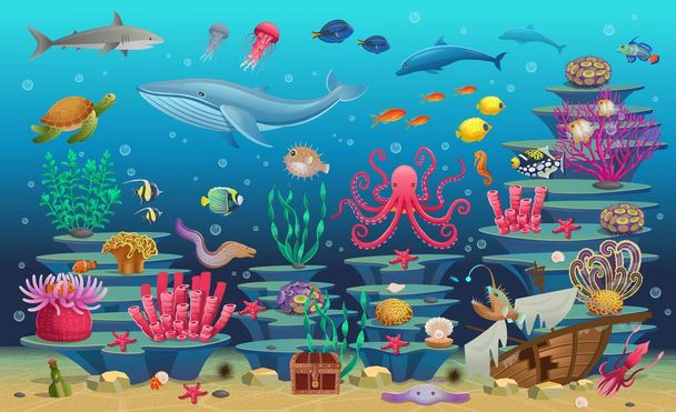 Großes Korallenriff mit Algen, tropischen Fischen, einem Wal, einem Tintenfisch, einer Schildkröte, Quallen, einem Hai, einem Seeteufel, einem Seepferdchen, einem Tintenfisch und Korallen. Vektorillustration im Cartoon-Stil. - Vektor, Bild