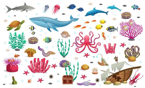 Grande serie di barriera corallina con alghe pesci tropicali, una balena, un polpo, una tartaruga, meduse, uno squalo, un pesce pescatore, un cavalluccio marino, un calamaro e coralli. Illustrazione vettoriale in stile cartone animato
. - Vettoriali, immagini