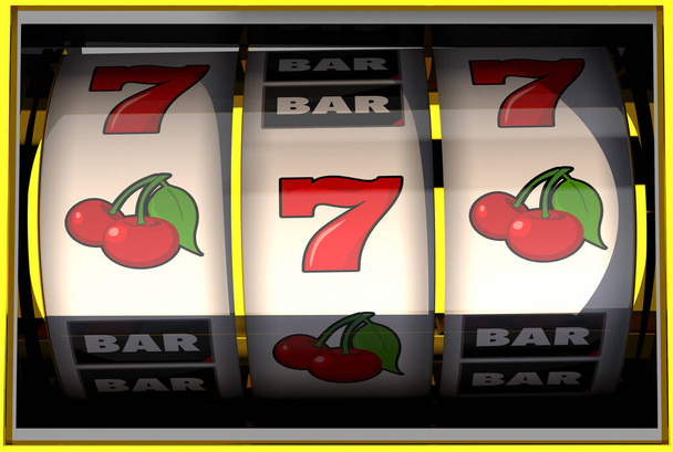 Nahaufnahme des traditionellen Casino-Spielautomaten mit Rollen, die zwei Kirschen und die Zahl Sieben spinnen. - Foto, Bild