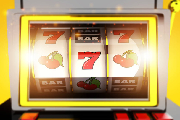 Alter Faszinierter Glücksspiel-Spielautomat im Kasino mit der Nummer Sieben Und Zwei Kirschen. - Foto, Bild