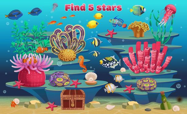 Ein Minispiel für Kinder. Finden Sie 5 Sterne. Hintergrund des Korallenriffs mit Algen tropische Fische und Meerestiere. Vektorillustration im Cartoon-Stil. - Vektor, Bild