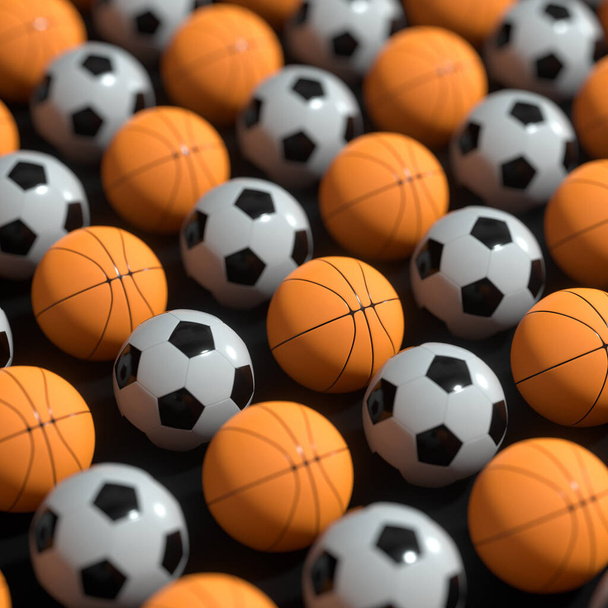 黒の背景、 3Dレンダリングでスポーツボールパターンを繰り返します。コンピュータ・デジタル・ドローイング. - 写真・画像