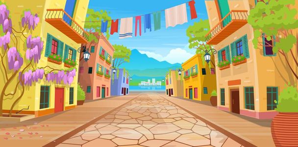  Straßenpanorama über eine Straße mit Laternen und gewaschenen Kleidern. Vektorillustration der Sommerstraße im Cartoon-Stil. - Vektor, Bild