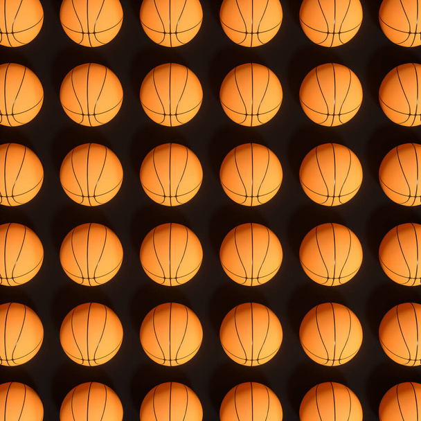 Ismétlődő sport labda minta fekete háttér, 3D renderelés. Számítógépes digitális rajz. - Fotó, kép