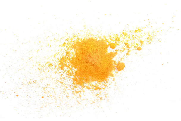 Turmeric (Curcuma) powder pile isolated on white background, turmeric is herb;top view. - Foto, afbeelding