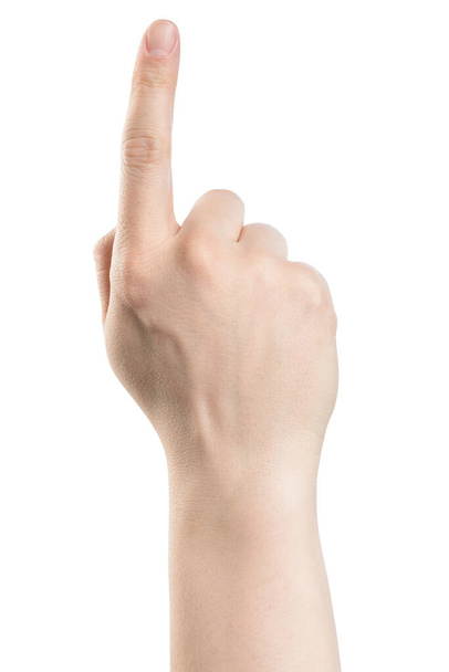 männlicher Zeigefinger, isoliert mit Clipping-Pfad auf weißem Hintergrund - Foto, Bild