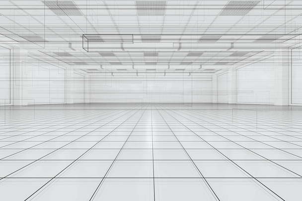 Вместительная пустая комната с эскизным рисунком, бизнес-фоном, 3D рендерингом. Цифровой рисунок
. - Фото, изображение