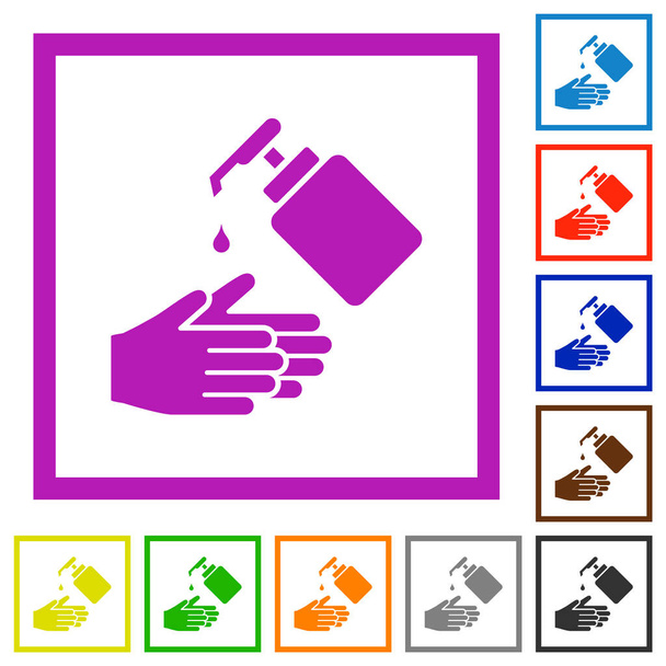 Ruční mytí s tekutým mýdlem ploché barevné ikony ve čtvercových rámečcích na bílém pozadí - Vektor, obrázek