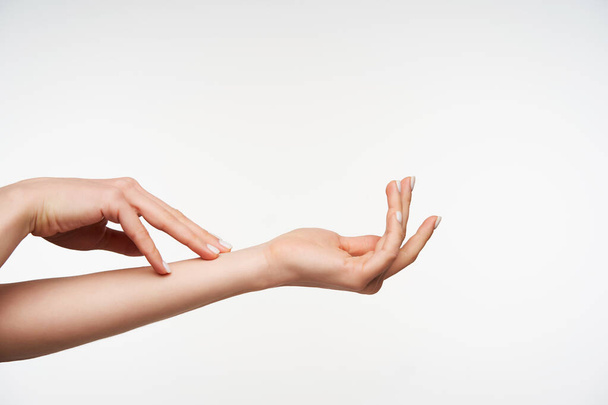 Side view of young elegant raised lady's hands touching each other gently while posing against white background. Hands gesturing and signs concept - Photo, Image