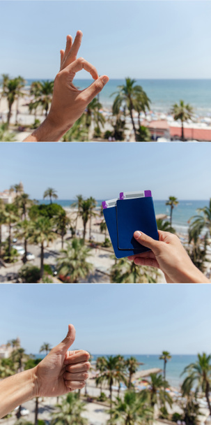 Kolaż człowieka gestykulującego jak i w porządku znaki i trzymającego paszporty z wybrzeżem morskim w tle w Katalonii, Hiszpania  - Zdjęcie, obraz